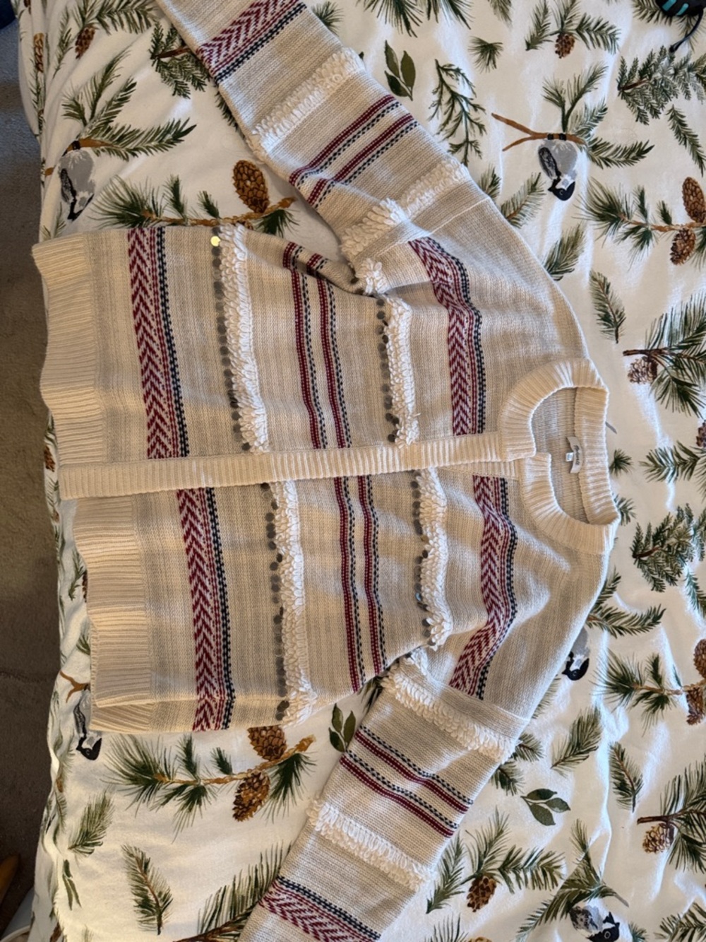 Madewell Cream Cardigan with Red and Gray Stripes